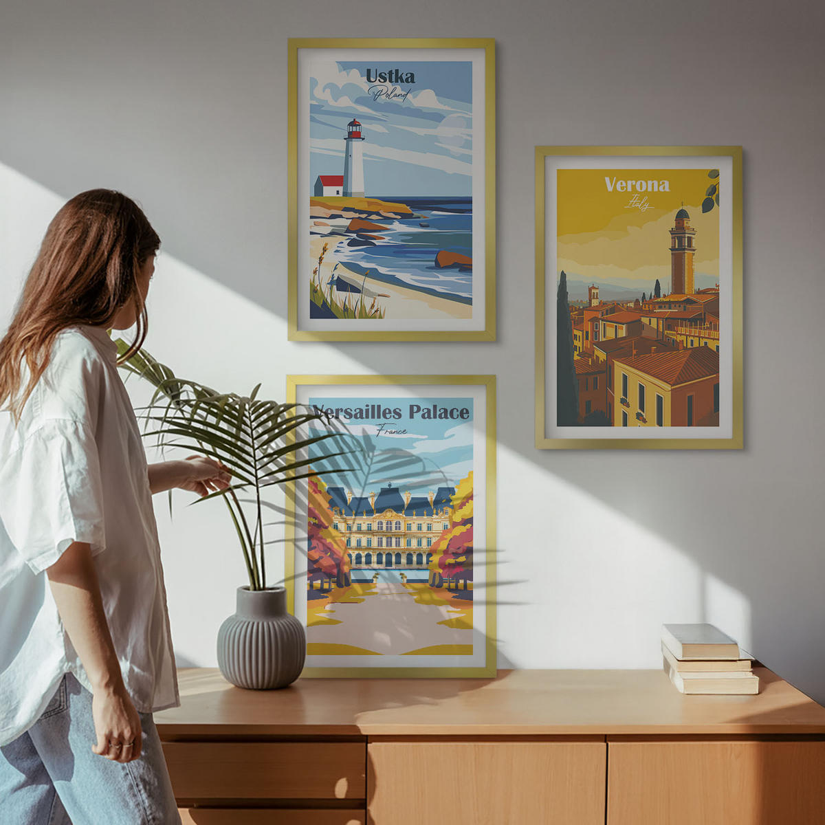 BILDER SET 3er Set - 40x60 cm Goldrahmen - Ansichten von Orten am Meer und von Städten - Goldfarben, Kunststoff (40/60cm) - TULUP