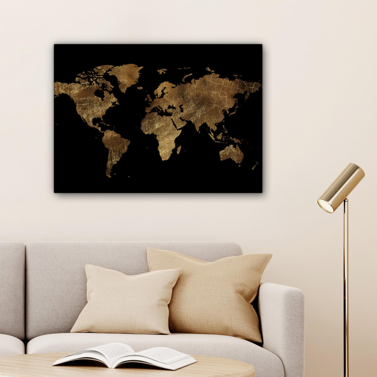 LEINWANDBILD Weltkarte - Gold - Luxus - Erde - Schwarz Wandbilder 80x60 cm - Goldfarben, Textil (80/60cm) - MuchoWow