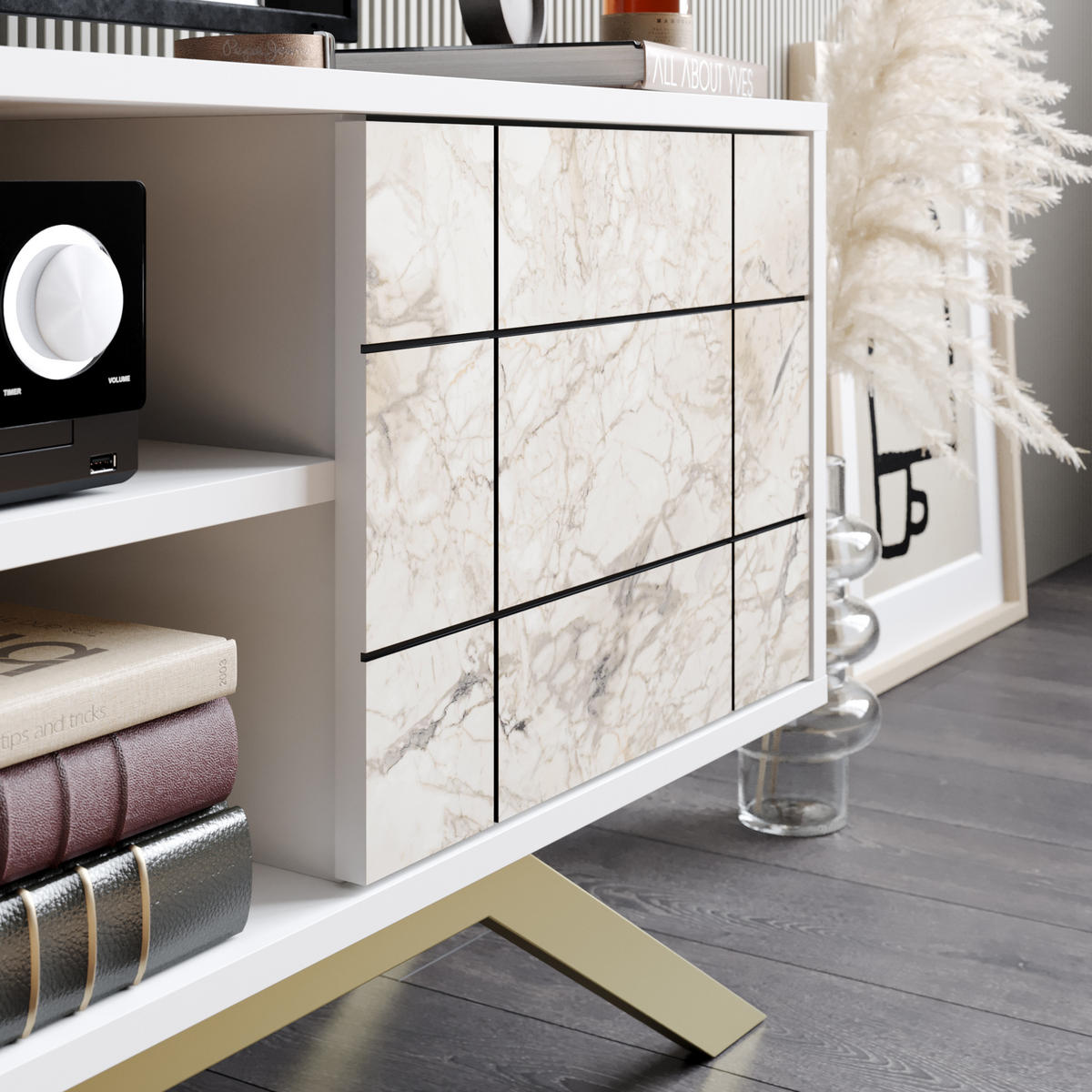 TV-ELEMENT North Weiß Marmor Decor Gold - Goldfarben/Weiß, Holzwerkstoff (130/58.6/38.6cm) - Decorotika
