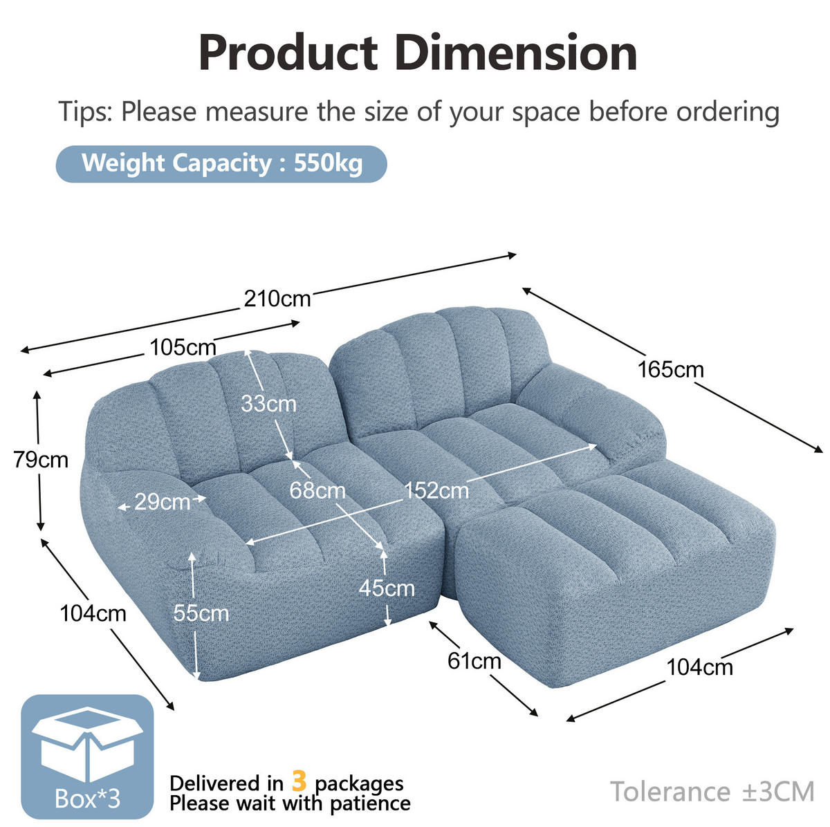 ECKSOFA 210/165/79 cm blau aus Granuliertem Fleece modular und montagefrei - Blau, Textil (165/210cm) - OKWISH
