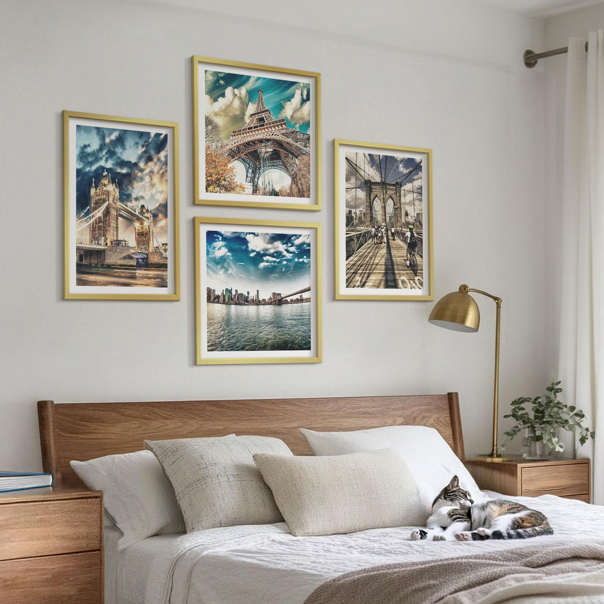 WANDBILDER 4er Set - 50x50 cm & 40x60 cm Goldrahmen - Turmbrücken in europäischen Städten - Goldfarben, Kunststoff (50/50cm) - ArtPrintCave