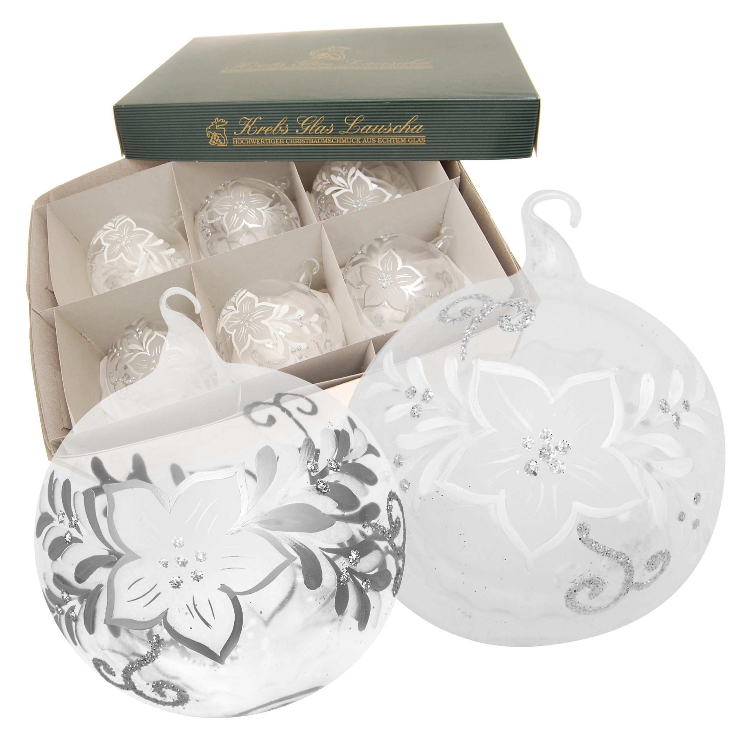 CHRISTBAUMKUGELN Frostige Blume Silberfarbig 8cm (Glas / 6 Stk.) - Silberfarben, Glas (8/8/8cm) - Krebs Glas Lauscha