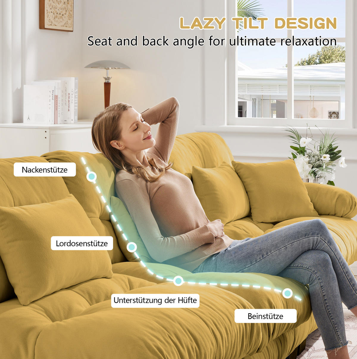 ECKSOFA mit modularer Ottoman, breiten Armlehnen und Zierkissen aus Chenille, Gelb - Gelb, Textil (220/145cm) - Redom