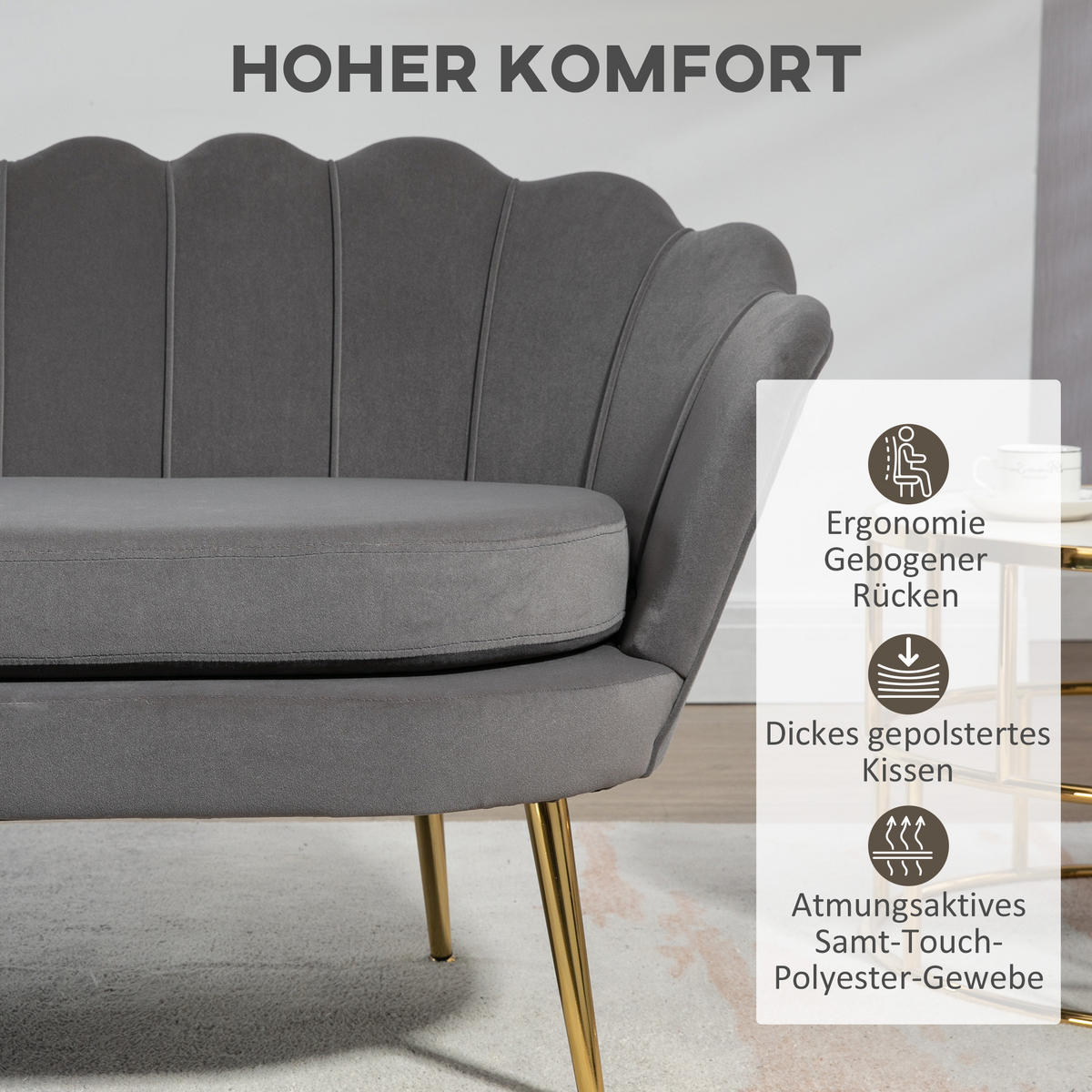 SOFA 2-Sitzer, Samt Polyester Stahl Grau - Grau, Textil (63/75/133cm) - HOMCOM