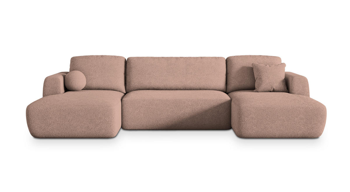 WOHNLANDSCHAFT SENTUM N Rosa Boucle-Stoff mit Schlaffunktion - Rosa, Holz (330/90/148cm) - MASSENO