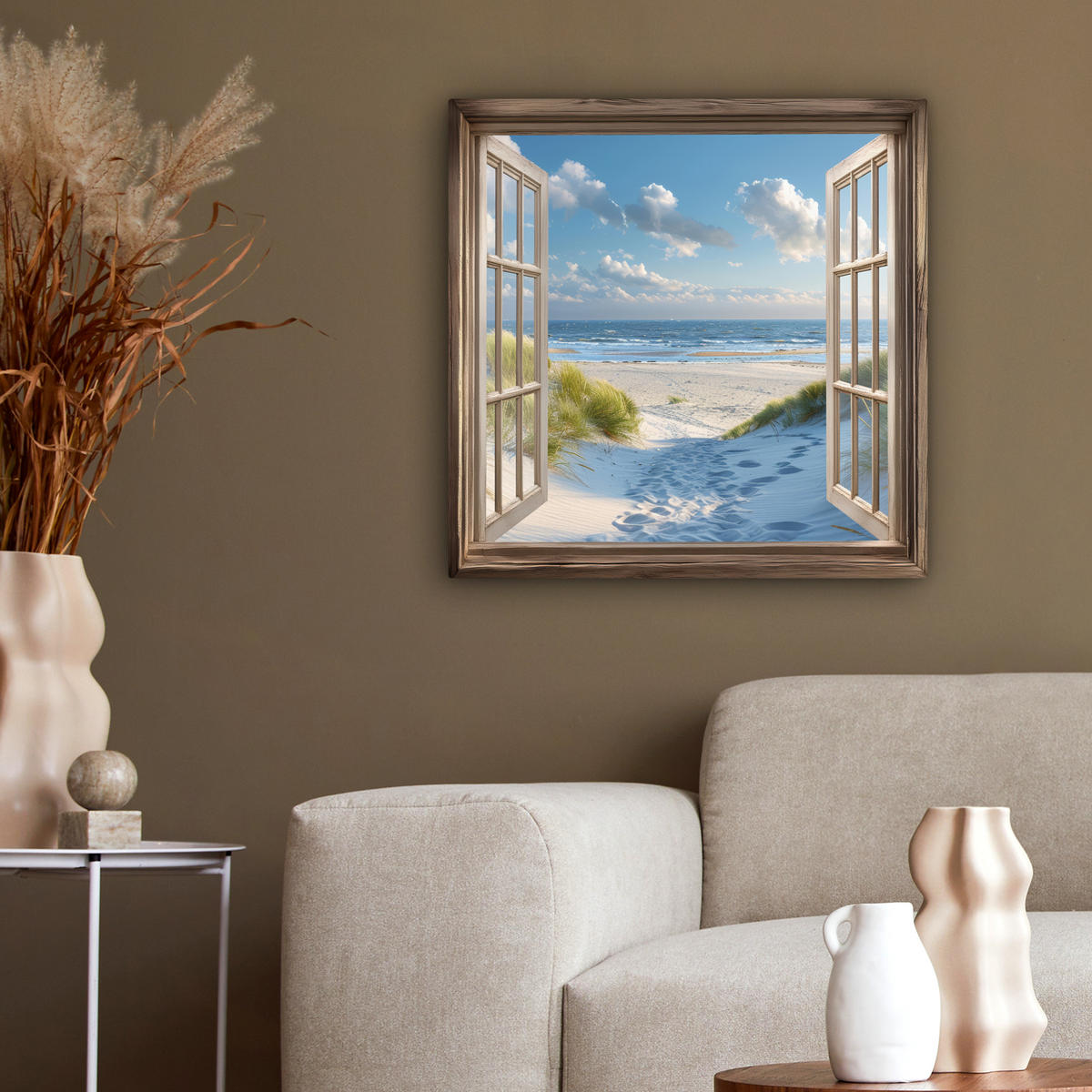 LEINWANDBILD Aussicht - Strand - Fenster - Dünen - Meer 50x50 cm - Hellblau, Textil (50/50cm) - MuchoWow