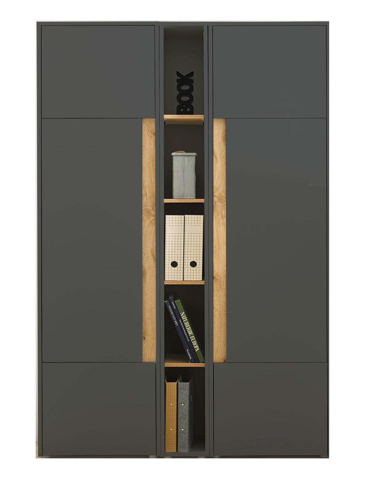 AKTENSCHRANK Set 3-teilig grau, Eiche Wotan 120 x 200 cm, Schrank-Regal-Kombination mit 15 Fächern - Eiche Wotan/Schwarz, Holzwerkstoff/Kunststoff (120/200/40cm) - Furn.Design