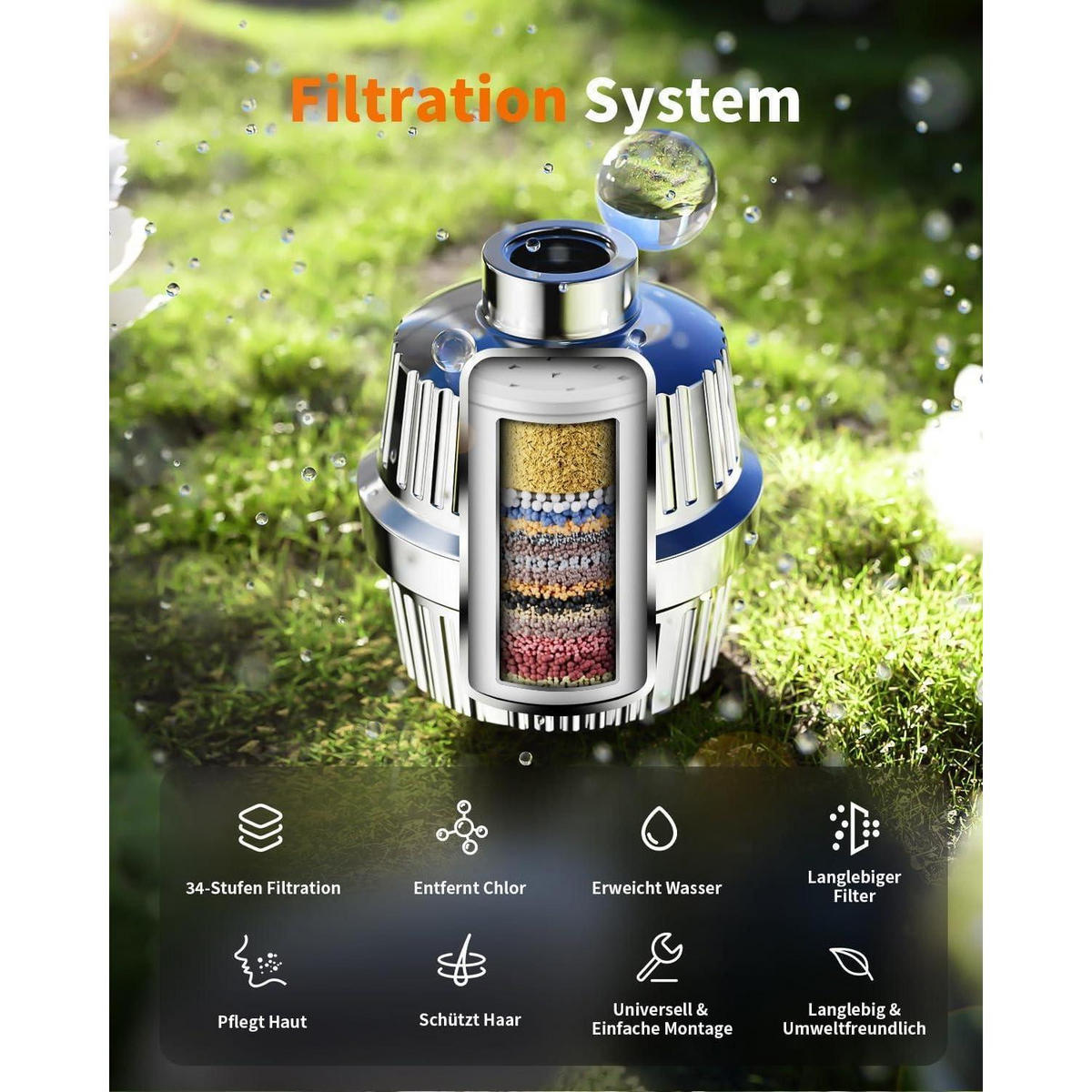 DUSCHFILTER 34-Stufen mit Vitamin C für hartes Wasser - Silberfarben, Metall (9.5/12.7/9.5cm)