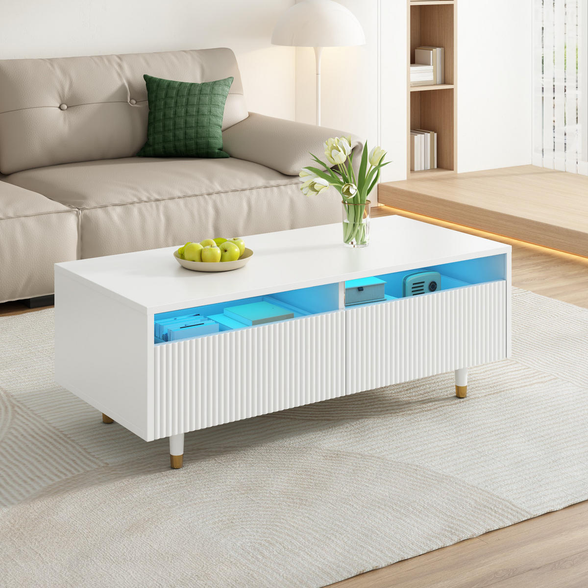 COUCHTISCH in Weiß mit 2 Schubladen und LED-Beleuchtung für Wohnzimmer, B110/T50/H40 cm - Weiß, Holz/Holzwerkstoff (55/110/40cm) - STILVORA