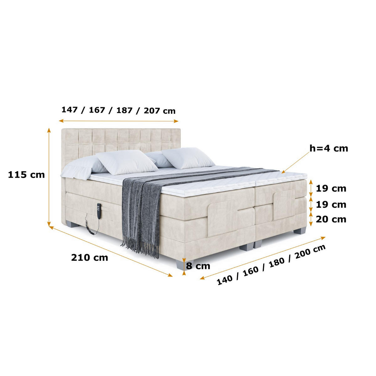 BOXSPRINGBETT elektrisch verstellbar mit 2 Matratzen H4/Taschenfederung OSTO EL 140 x 200 Creme - Creme, Holzwerkstoff (147/200cm) - ALTDECOR