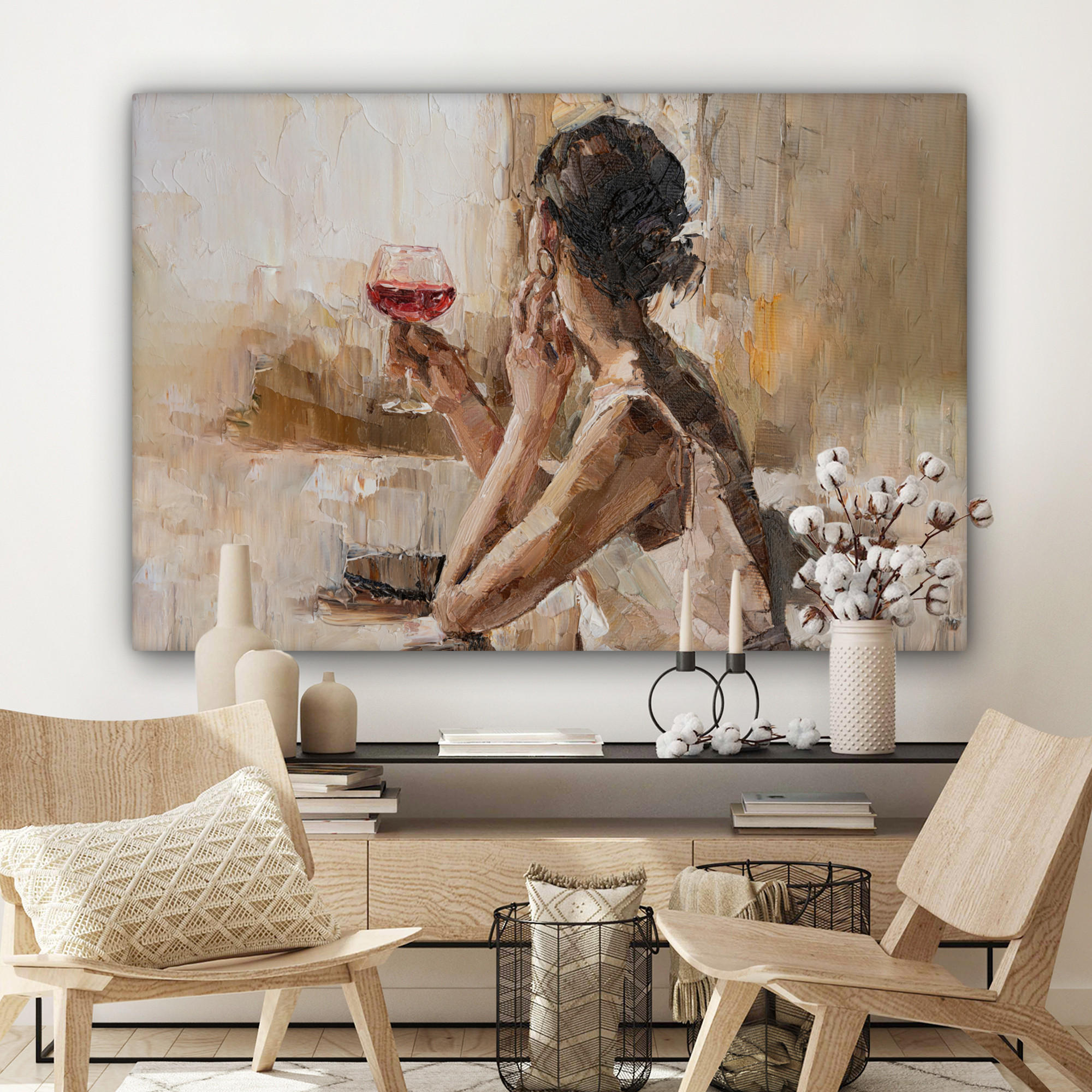 LEINWANDBILD Ölgemälde - Frau - Wein Wohnzimmer 120x80 cm - Hellbraun, Textil (120/80cm) - MuchoWow