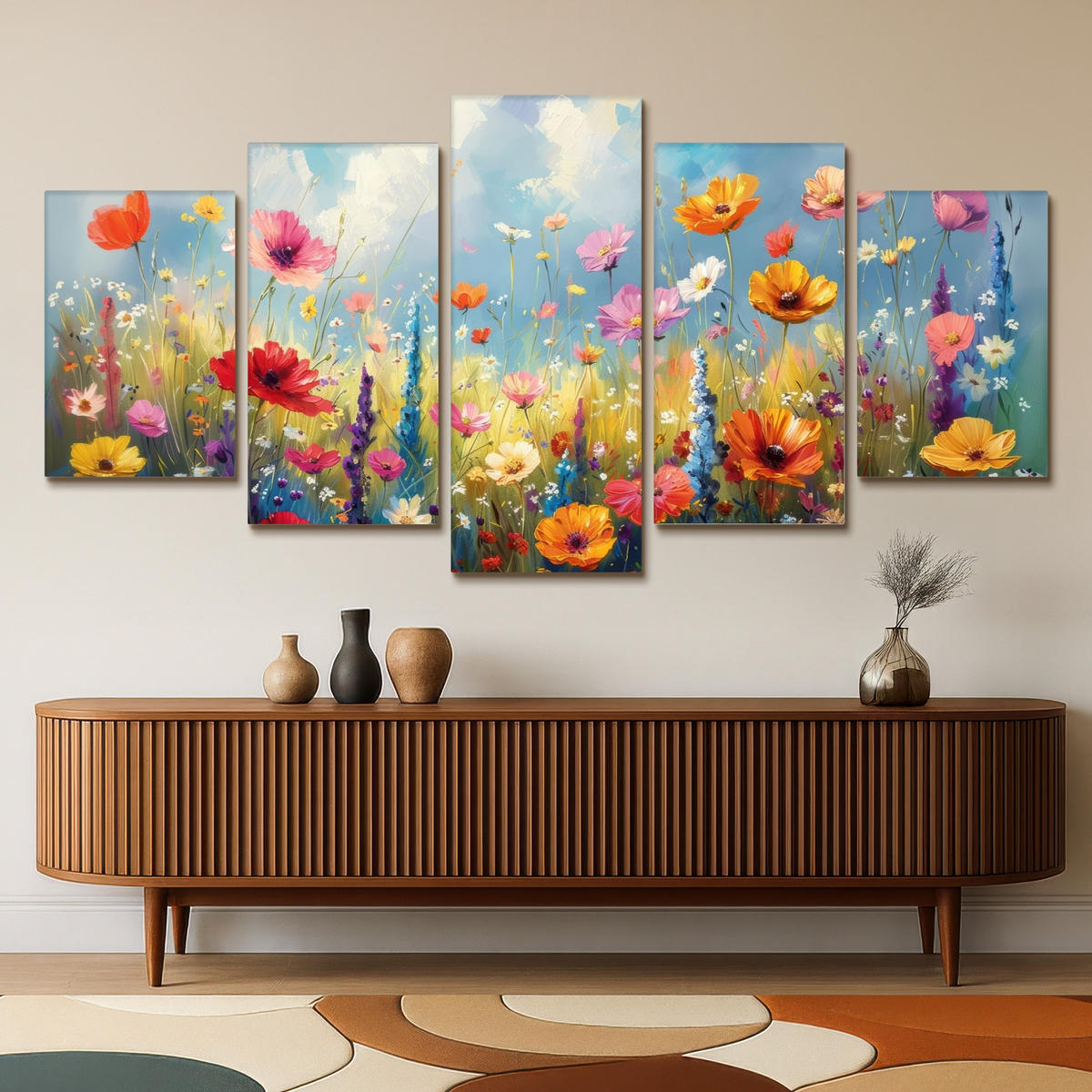 LEINWANDBILD 5er Set Blumen - Frühling - Farbenfroh - Sommerlich 200x100 cm - Orange, Textil (200/100cm) - MuchoWow