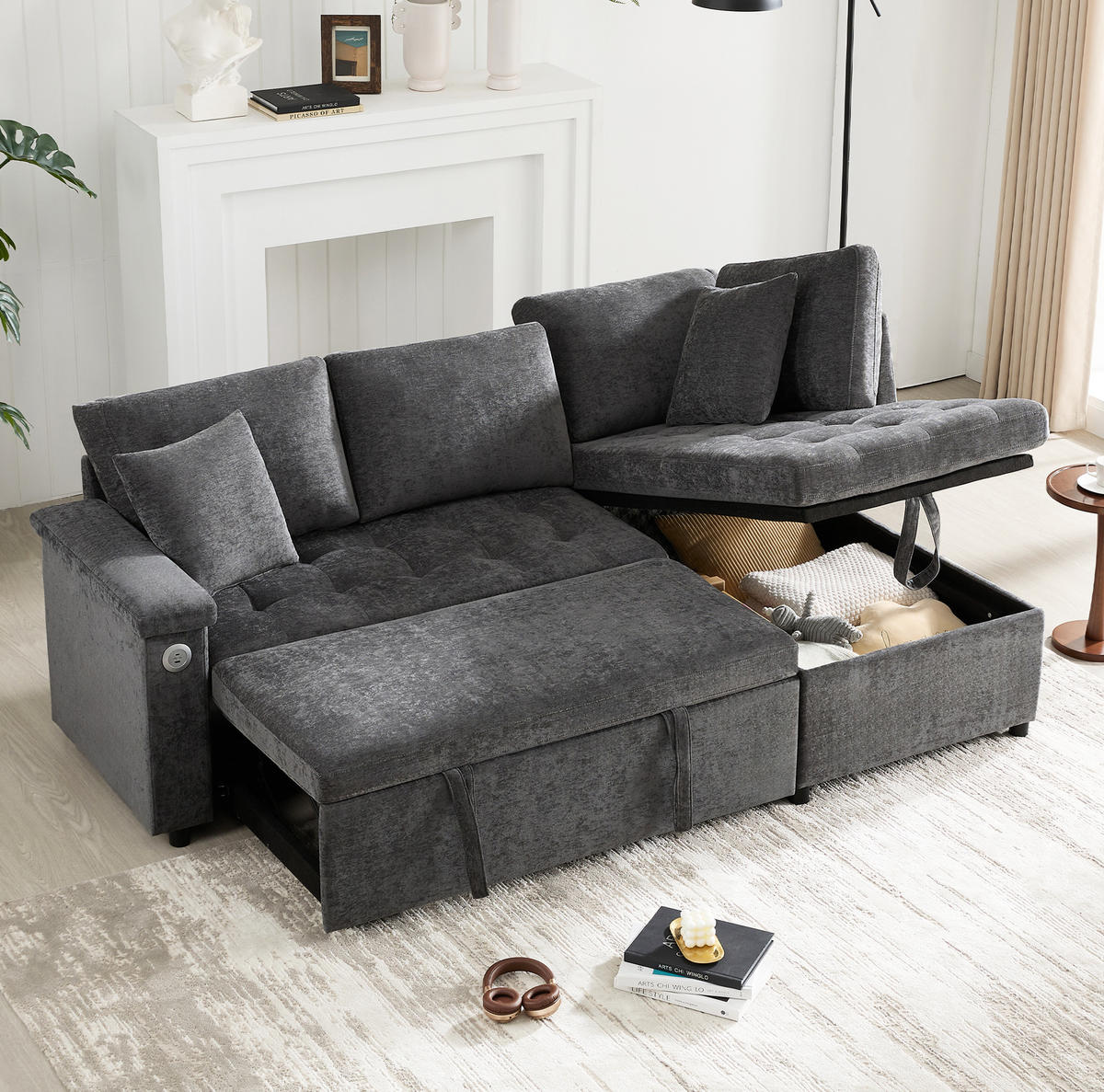 ECKSCHLAFSOFA L-Form, Chenille mit Stauraum & USB-Anschluss, 209/130/84 cm, Dunkelgrau - Dunkelgrau, Textil (130/84/209cm) - Redom