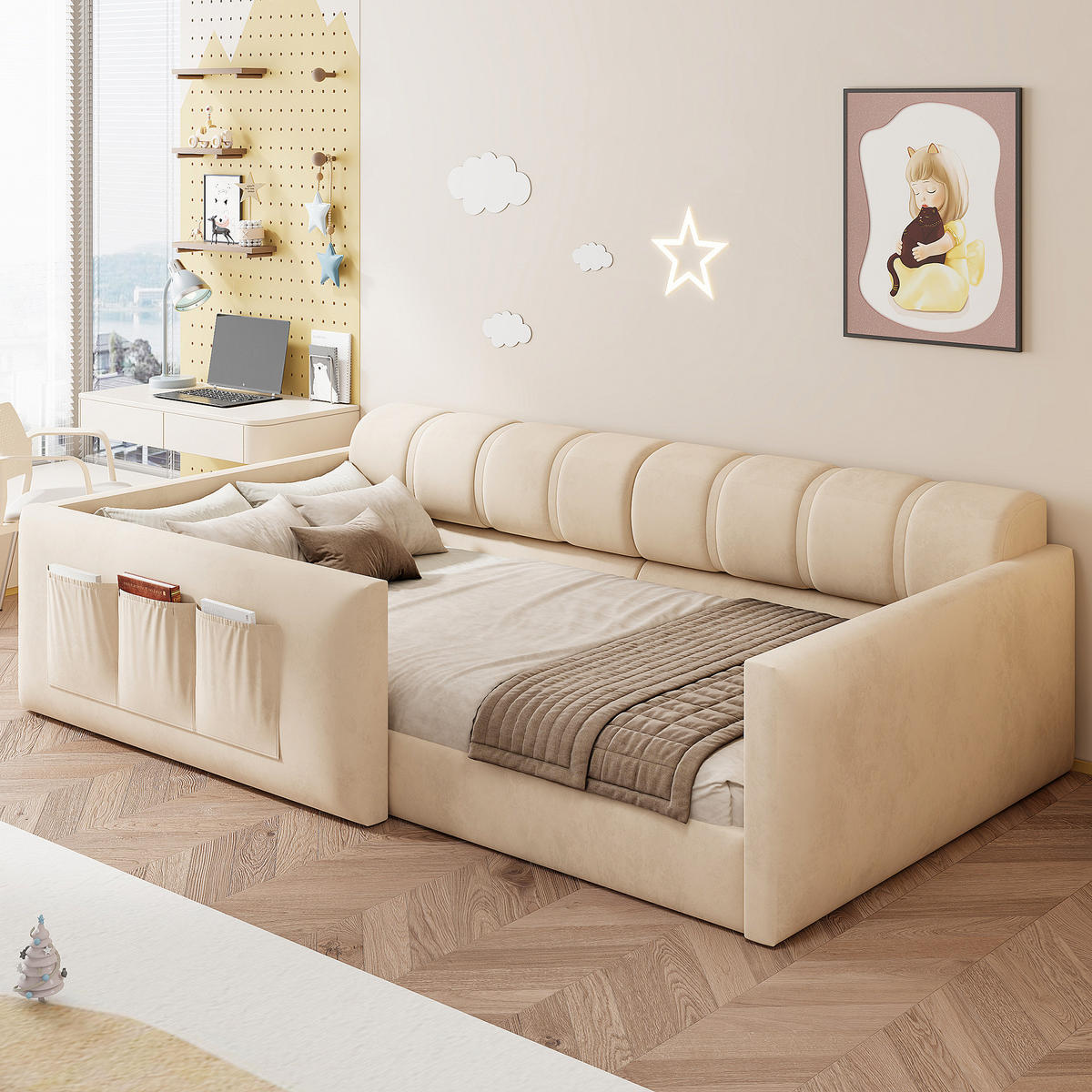 POLSTERBETT 90/200 cm in Beige Samt mit Kopfteil und Staufächern - Beige, Holzwerkstoff/Textil (90/200cm) - WISHDOR