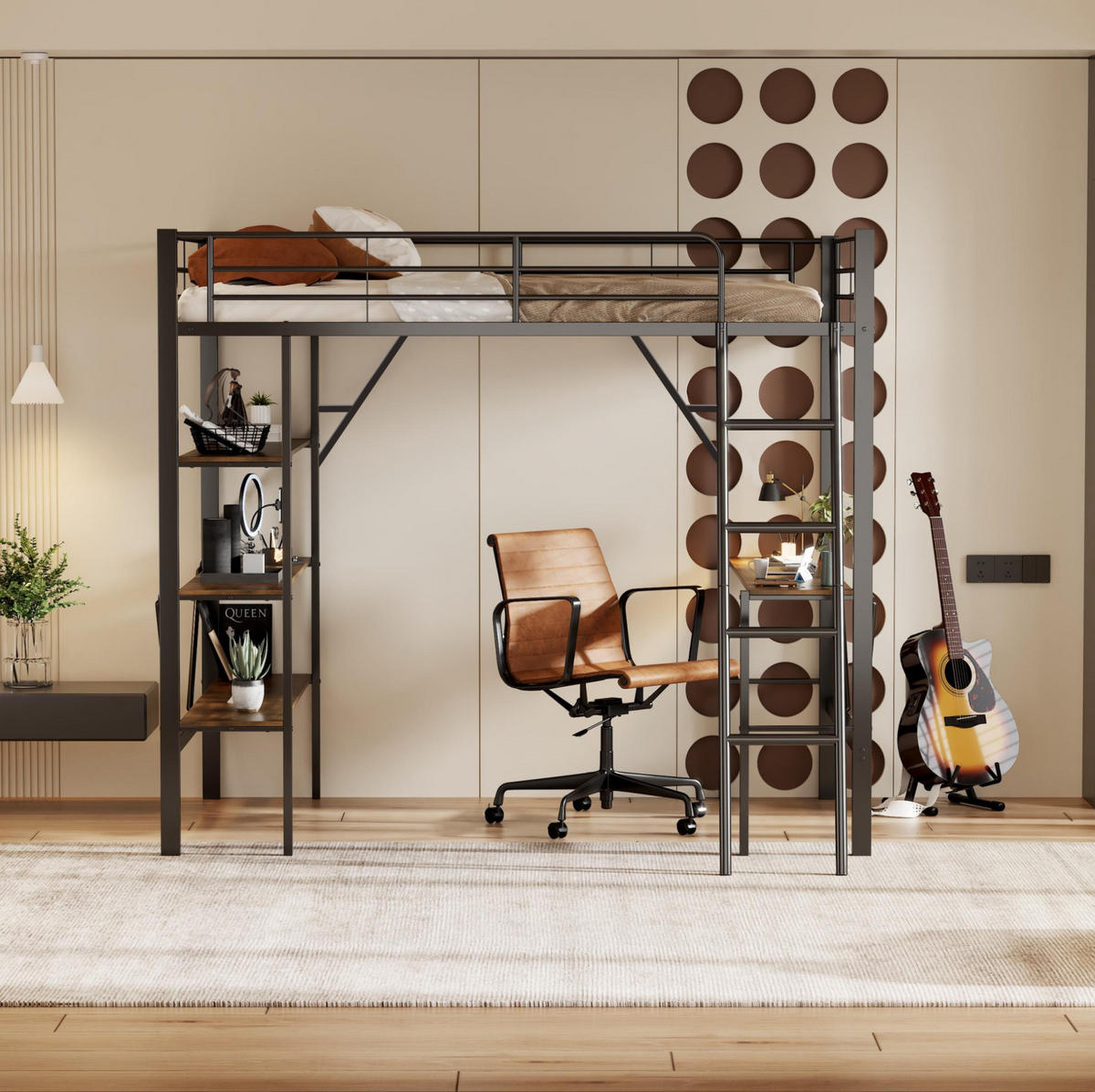 HOCHBETT 90/200 cm aus Metall und MDF mit Schreibtisch und 3 Ablagen Schwarz - Schwarz, Metall (90/200cm) - Modenvie