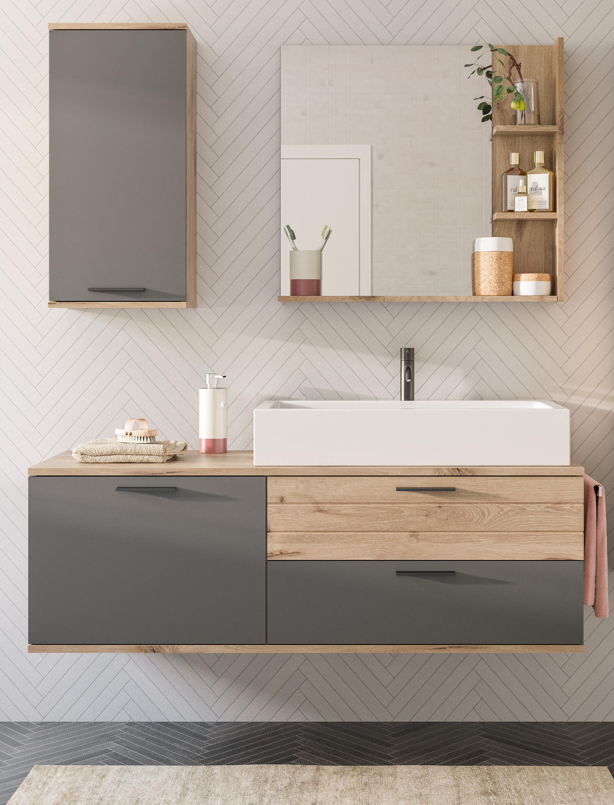 BADMÖBEL-SET Eiche grau 4-teilig 140 cm inkl. Waschbecken, Soft-Close - Eichefarben/Grau, Glas/Keramik (140/152/46cm) - Inn.Furn