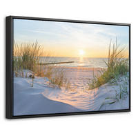 LEINWAND Bilder mit Rahmen - Strand - Sonne - Düne - Gras - Sand - Horizont - 60x40 - Hellblau, Textil (60/40cm) - MuchoWow