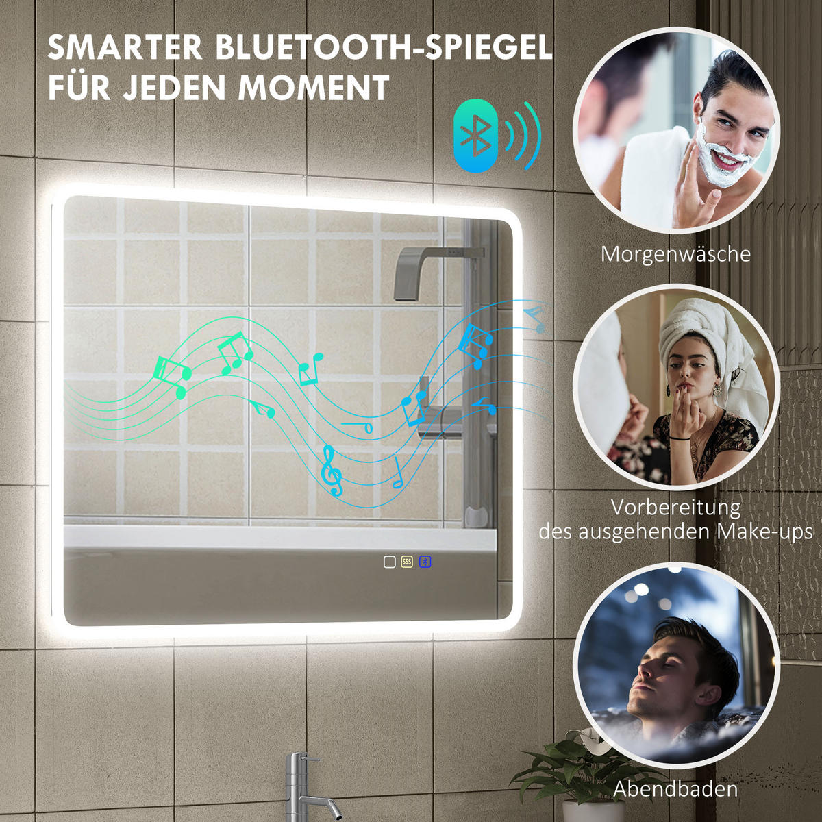 BADSPIEGEL mit Beleuchtung 90x70 cm LED Spiegel mit Bluetooth dimmbar - Silberfarben, Glas (3.5/70/90cm) - HOMCOM