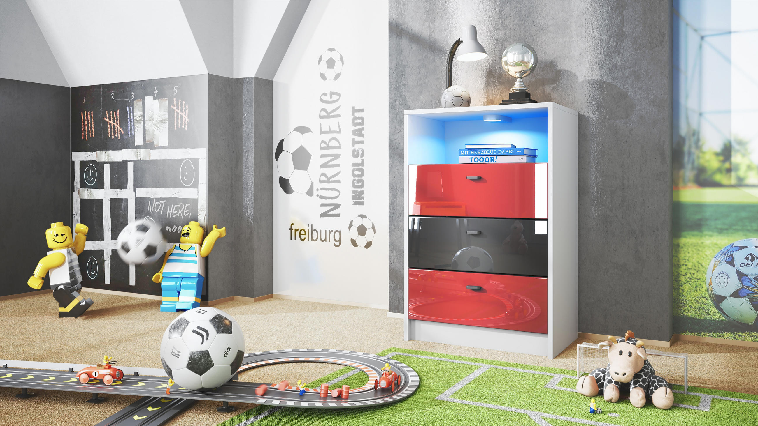 KOMMODE Pino Fronten Rot, Schwarz & Rot - Weiß, Holzwerkstoff (56/86/36cm) - Vladon