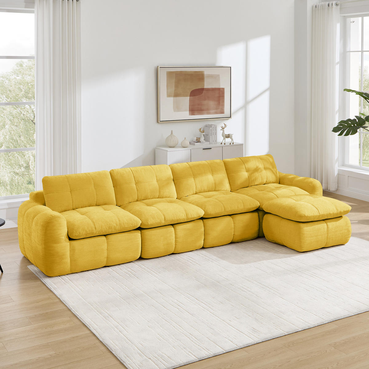 ECKSOFA DE-34464 4-Sitzer L-Form mit Ottoman Gelb - Gelb, Textil (160/334cm) - ComfortXL