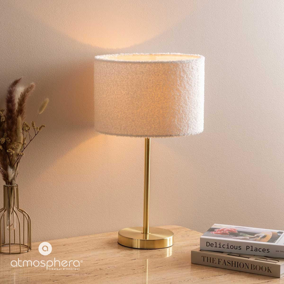 TISCHLEUCHTE Tina 49 cm Bouclé-Lampenschirm - Weiß, Metall (28/28/49cm) - Atmosphera Createur d´interieur