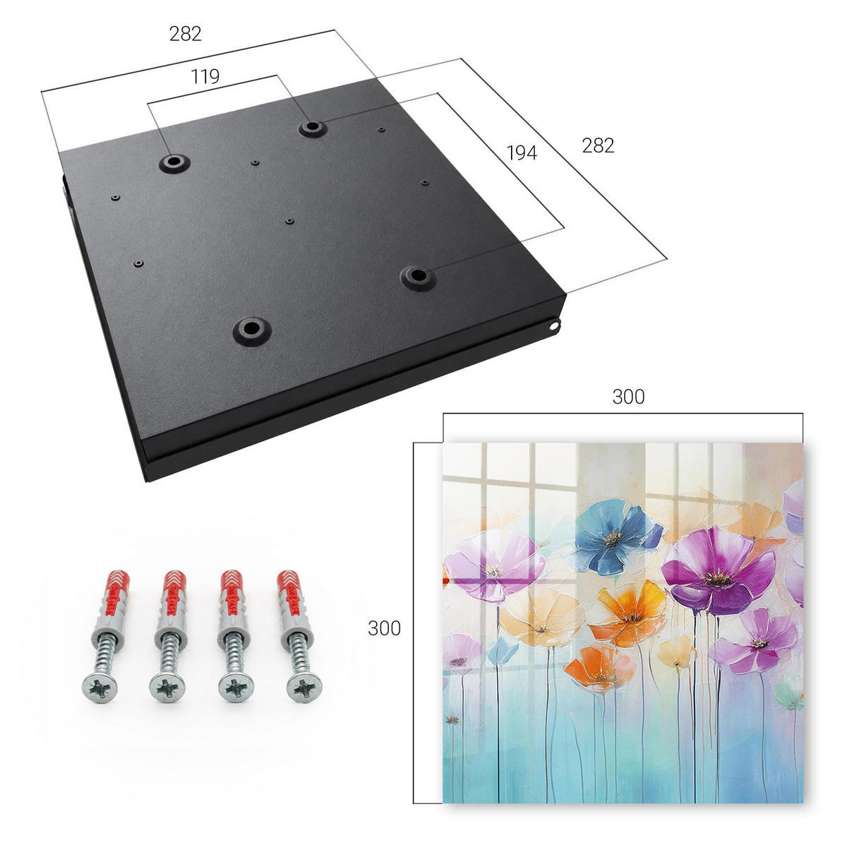 SCHLÜSSELBOX Schwarz 30x30 cm- Türöffnung nach rechts - Bunte Blumen - Lila, Metall (30/30/5cm) - TULUP