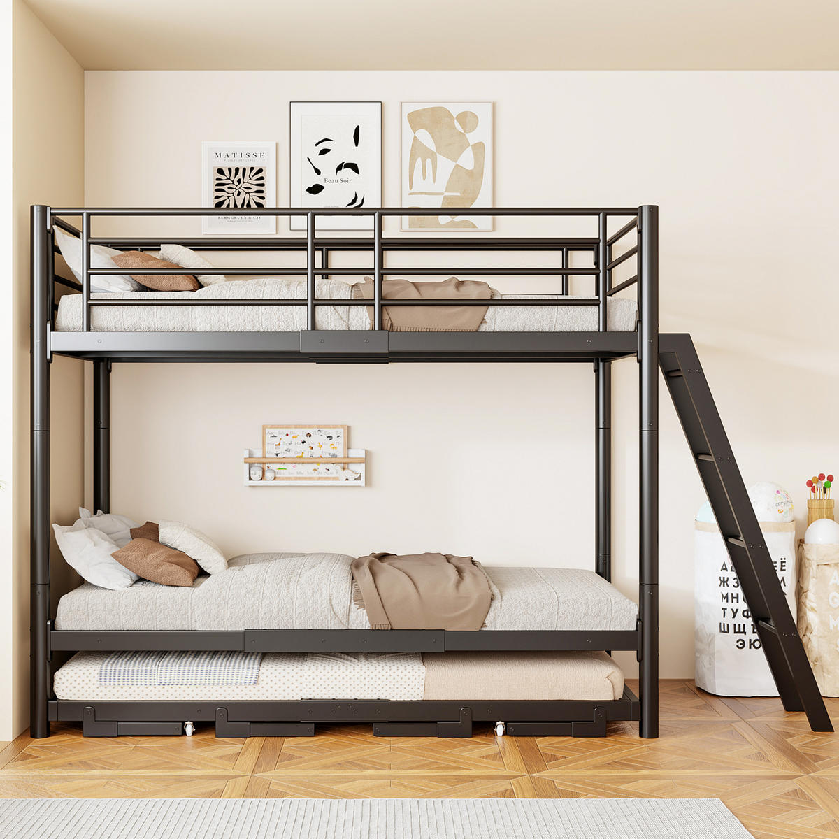 ETAGENBETT aus Metall 90x200 cm Schwarz mit ausziehbarem Unterbett - Schwarz, Metall (90/200cm) - Modfu