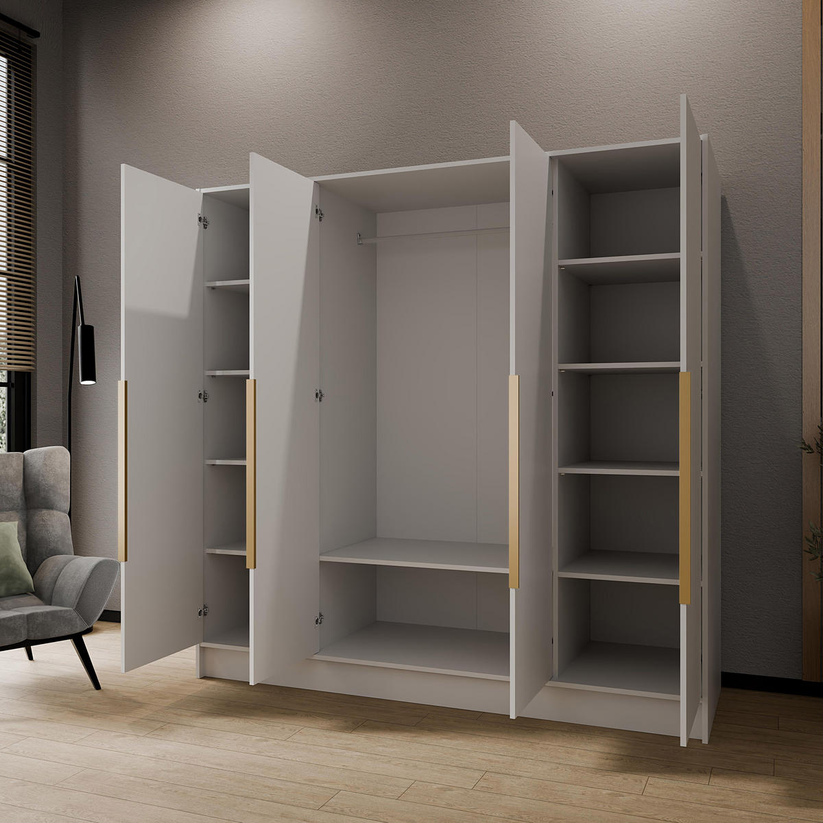 DREHTÜRENSCHRANK Laro mit Spiegel, Weiß mit mit goldenen Griffen, 200 cm - Weiß, Holzwerkstoff (200/200/51cm) - Beautysofa