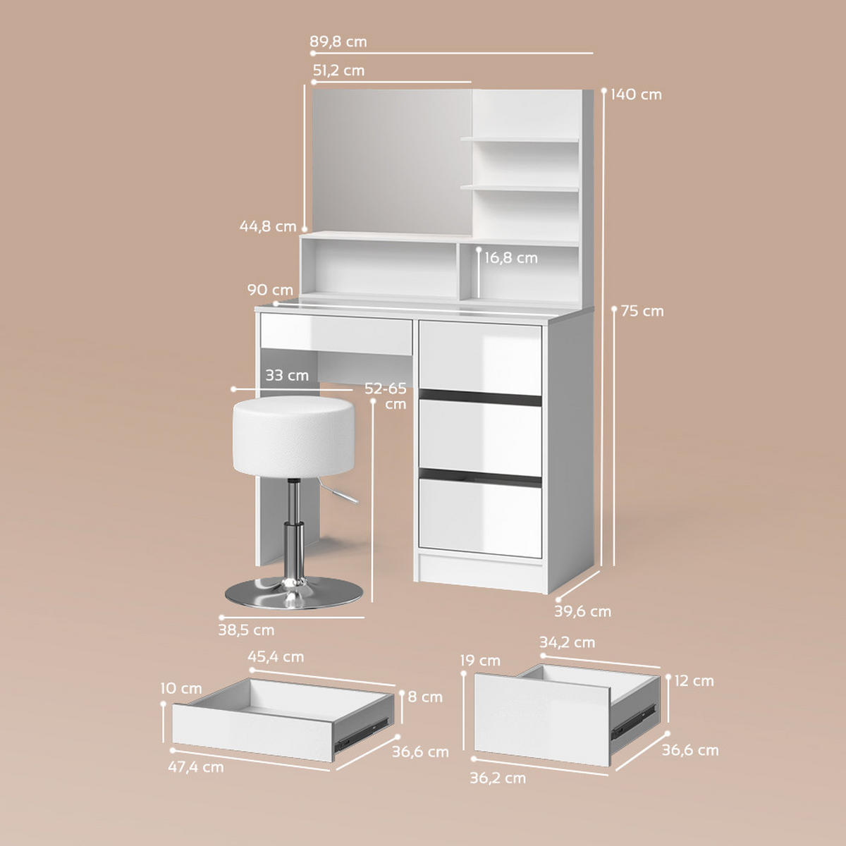 SCHMINKTISCH Imola Weiß 140 cm mit Hocker - Weiß, Holzwerkstoff (140/75/40cm) - Livinity®