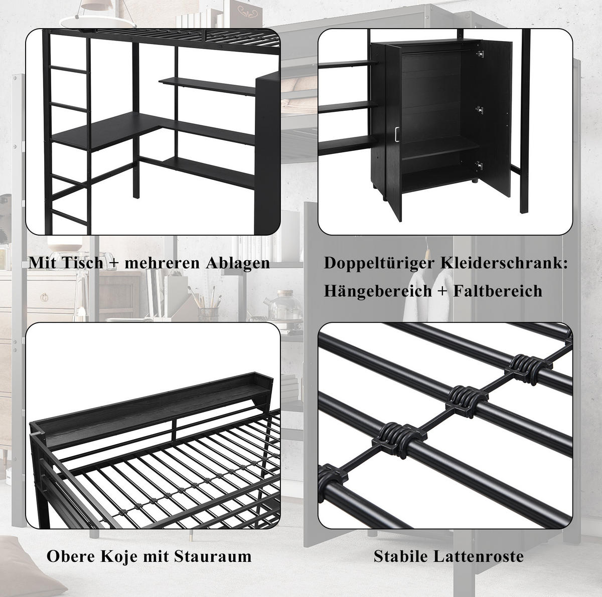 ETAGENBETT 90/200 cm in Schwarz mit Tisch, Kleiderschrank und 5-stufiger Leiter - Weiß, Metall (90/200cm) - OKMYHOME