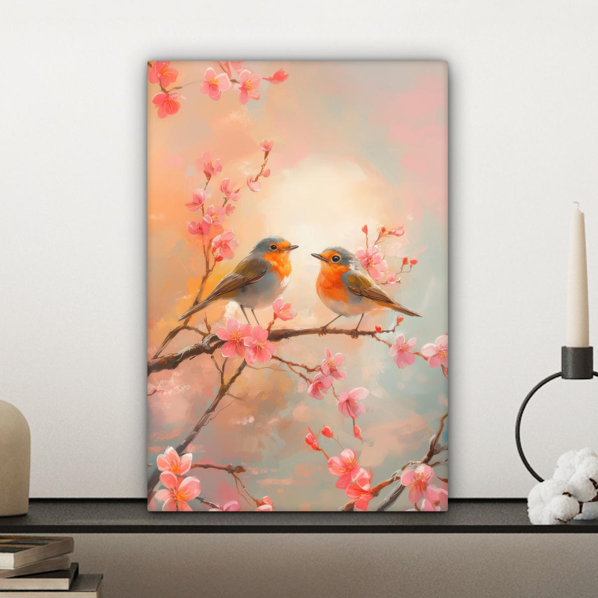 LEINWANDBILD Rotkehlchen - Zierpflanze - Blütenzweig Deko Wohnzimmer 20x30 cm - Hellrosa, Textil (20/30cm) - MuchoWow