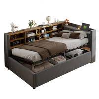 POLSTERBETT 90/200 cm mit hydraulischem Stauraum, Nachtlicht, USB- und USB-C-Anschluss sowie Seitenfächern, Grau - Dunkelgrau, Textil (90/200cm) - Redom