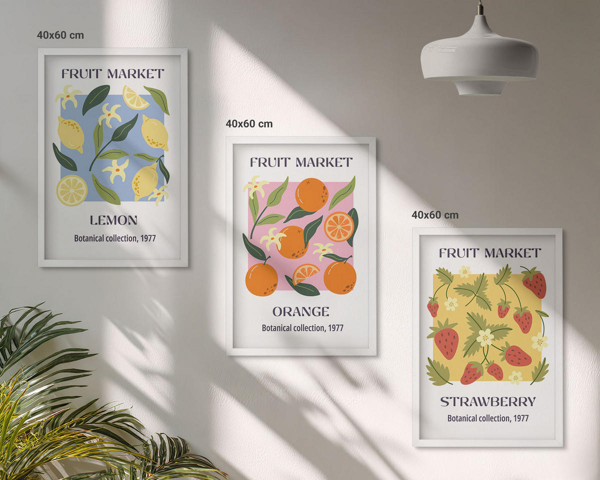 BILDER SET 3er Set - 40x60 cm Weißer Rahmen - Fruchtposter Zitronen Erdbeeren - Weiß, Kunststoff (40/60cm) - TULUP