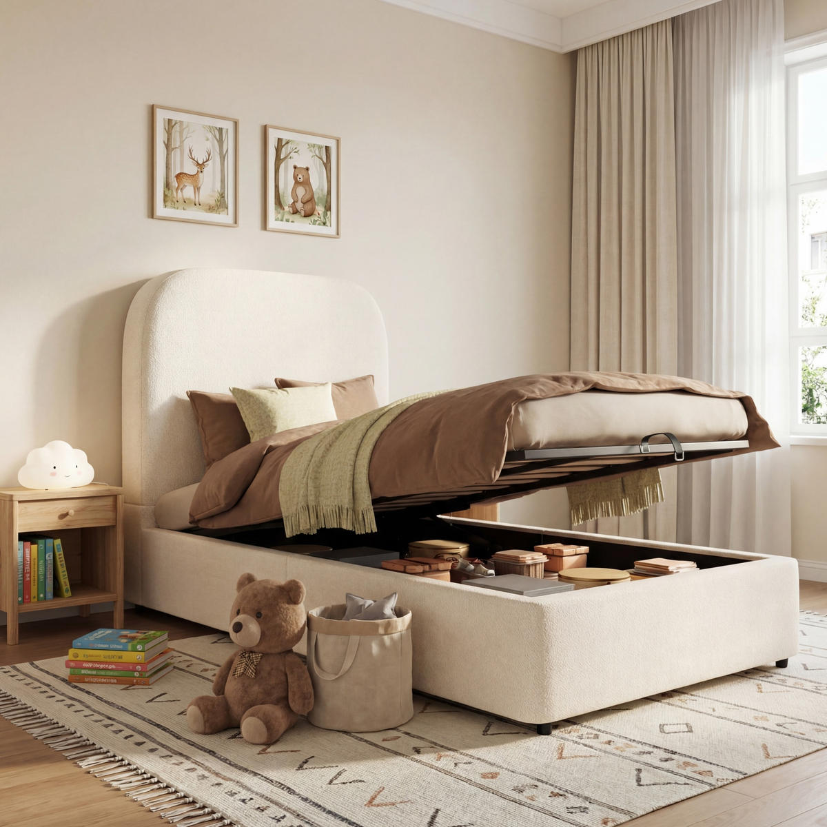 POLSTERBETT 90/200 cm Beige aus Bouclé mit Stauraum und Lattenrost - Beige, Holzwerkstoff (90/200cm) - OKWISH
