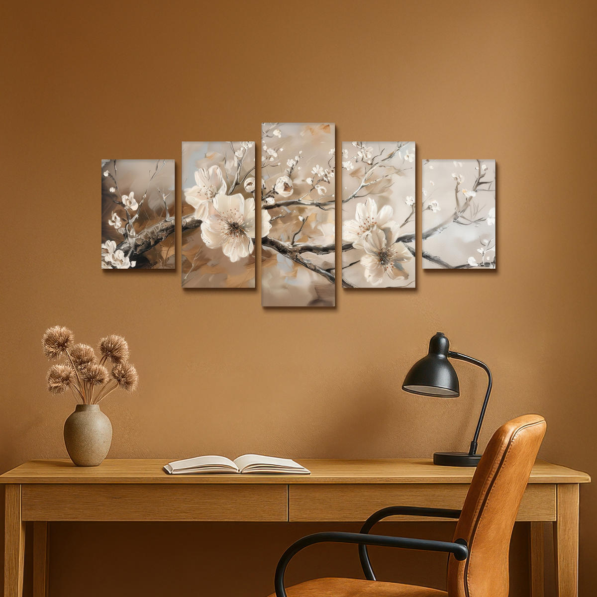 LEINWANDBILD 5er Set Blüte - Beige - Abstrakt - Blumen 100x50 cm - Hellbraun, Textil (100/50cm) - MuchoWow