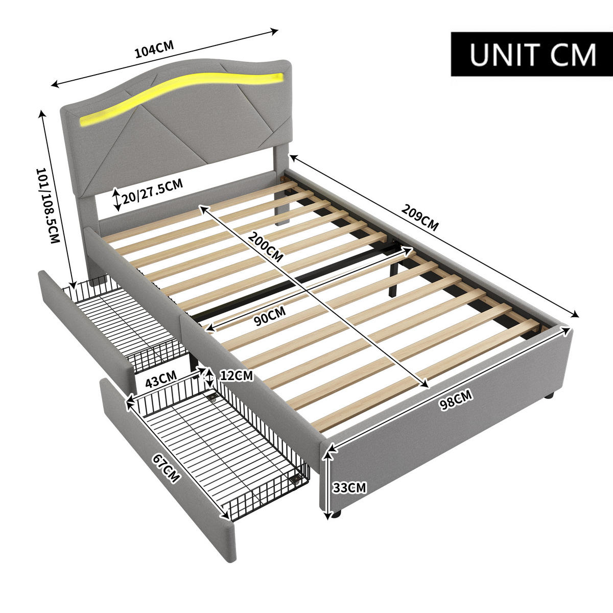 POLSTERBETT 90x200cm Grau Leinen Fernbedienung 2 Schubladen Kopfteil - Grau, Holz (90/200cm) - FLIEKS