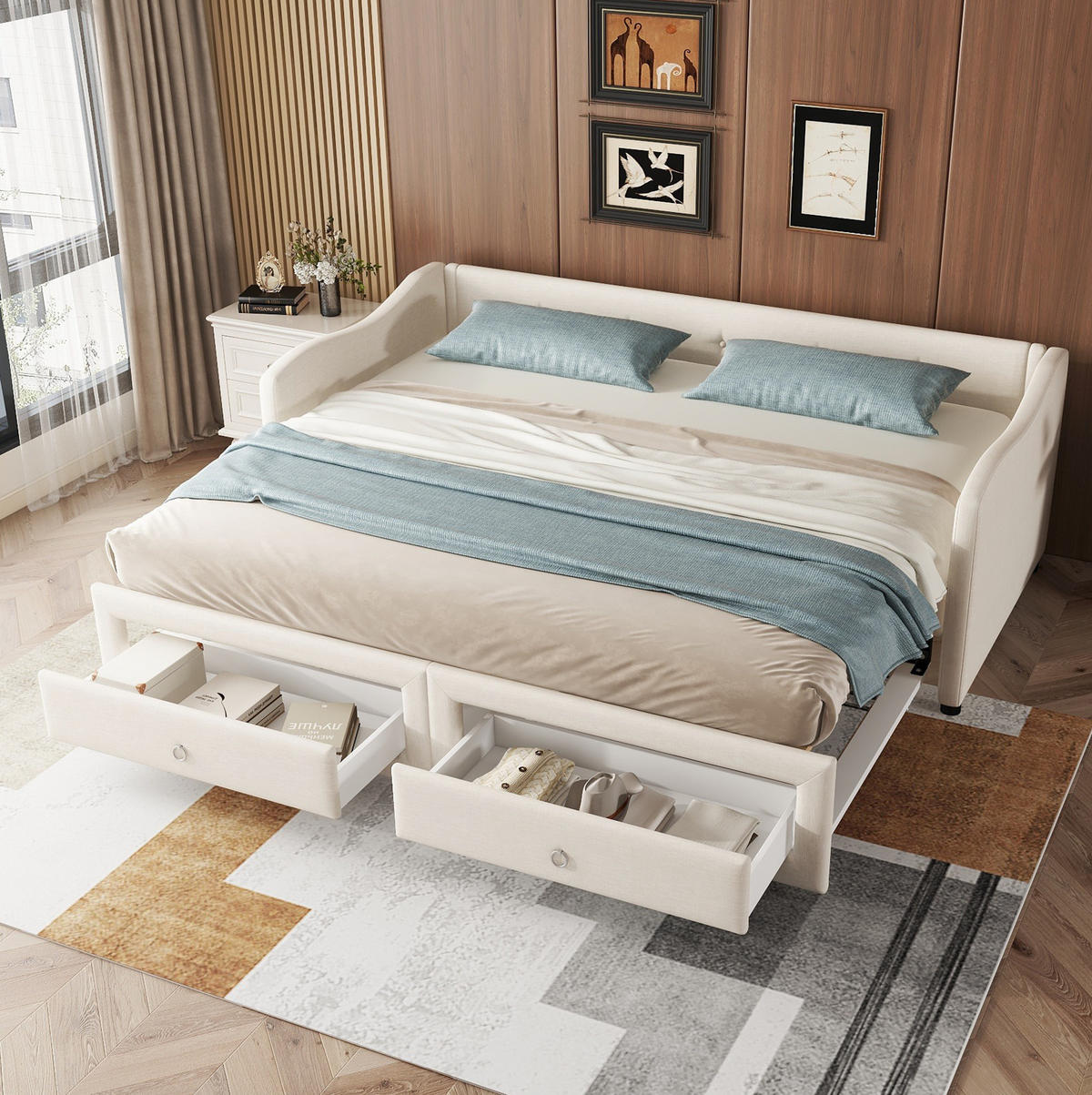 LEŽAJ 90/200 cm bež od lana s izvlačivim ležajem i 2 ladice - bež, tekstil (90/200cm) - OKWISH