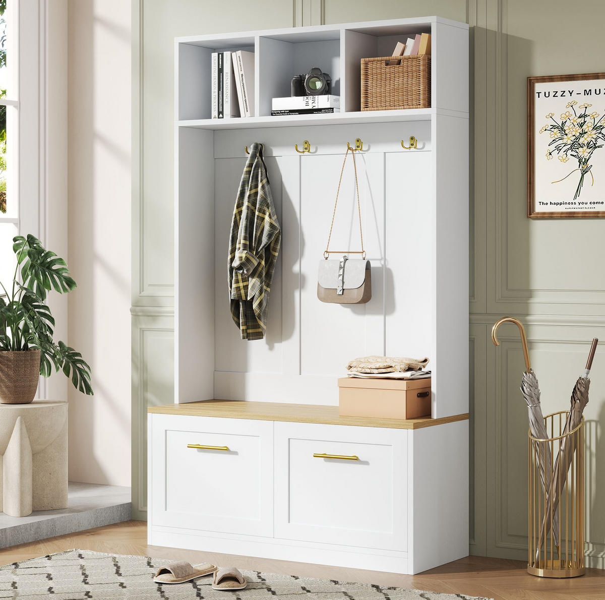DIELENGARDEROBE mit 4 Haken und Sitzbank, 105/40/180 cm, Natur/Weiß - Naturfarben, Holzwerkstoff (105/180/40cm) - BEAOK