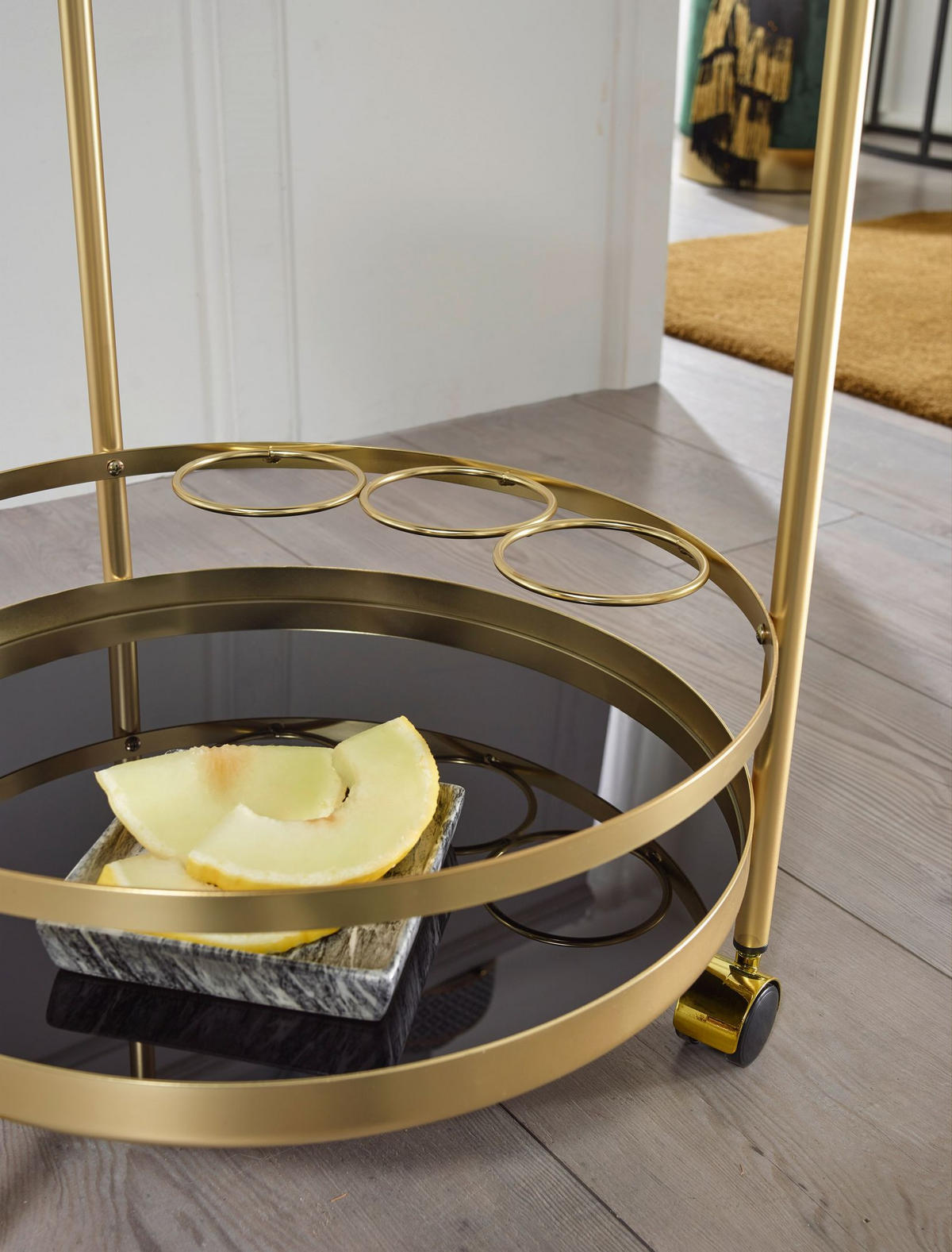 SERVIERWAGEN – Gold, Schwarzglas, auf Rollen - Goldfarben, Glas/Metall (45/76/45cm) - KADIMA DESIGN