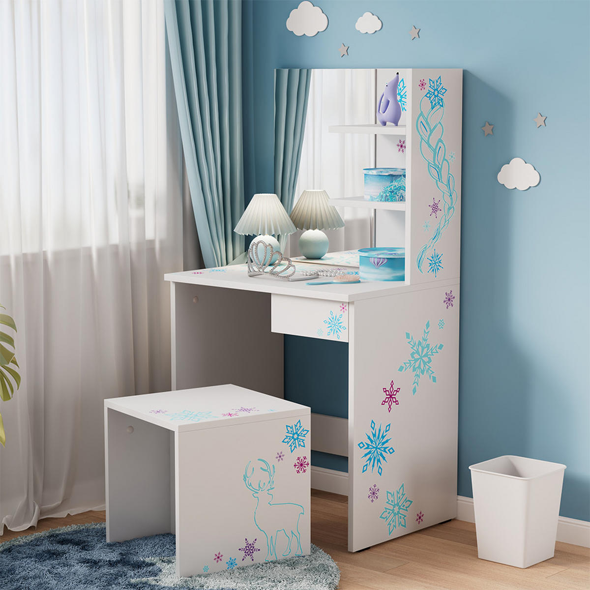 SCHMINKTISCH Schneeflocke Weiß 55 cm mit Hocker - Weiß, Holzwerkstoff (55/103/40cm) - Vicco