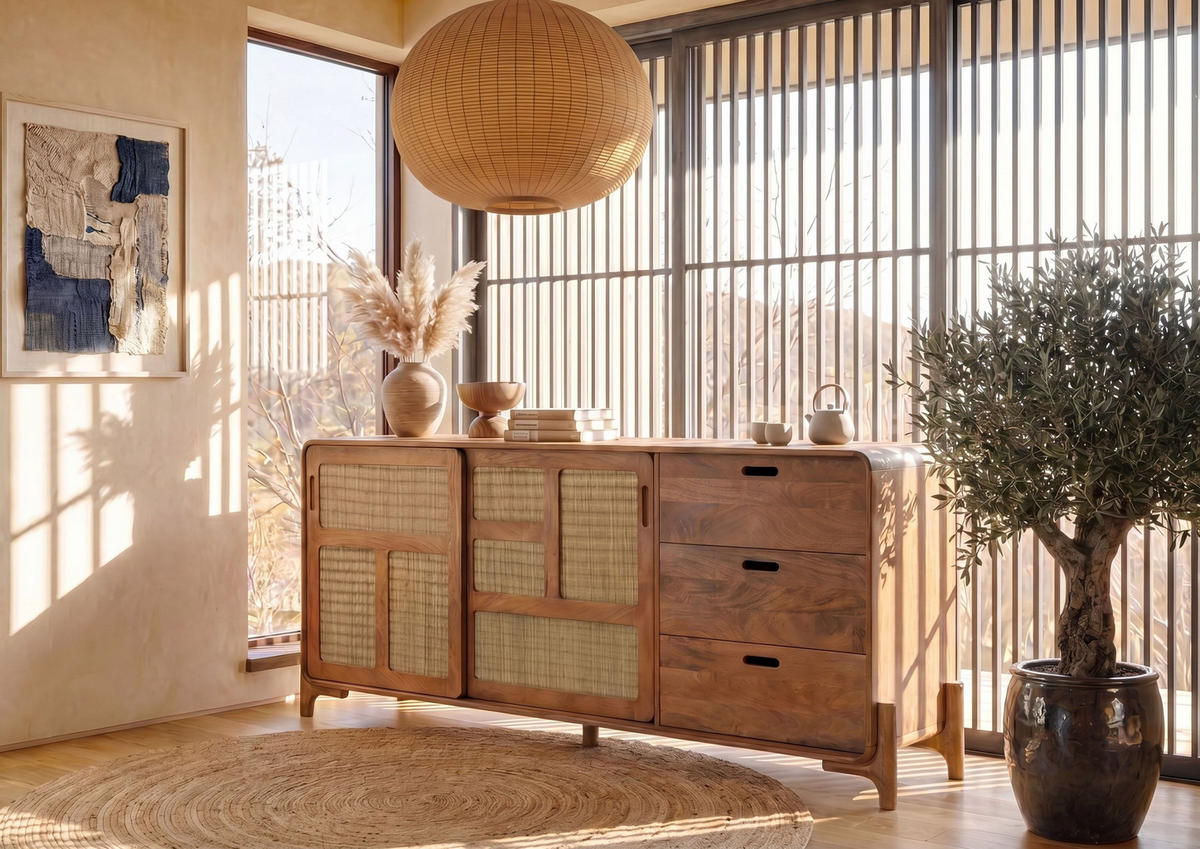 SIDEBOARD Mango/Seegras 200x40x80 hellbraun lackiert MIZUMI #101 - Braun, Holz (200/80/40cm) - Massivmoebel24