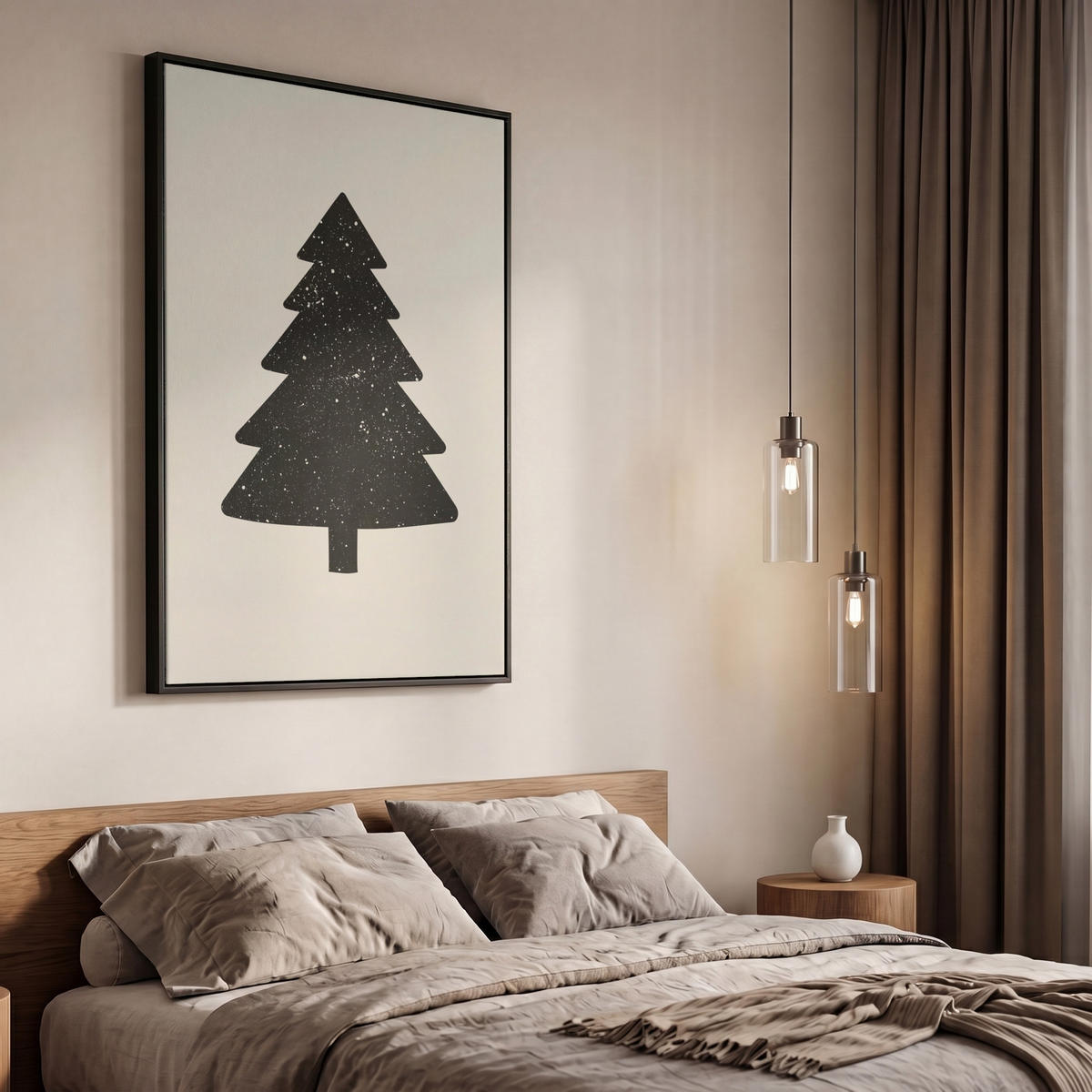 LEINWAND Bilder mit Rahmen - Weihnachtsbaum - Schwarz - Urlaub - Beige - 60x90 - Schwarz, Textil (60/90cm) - MuchoWow