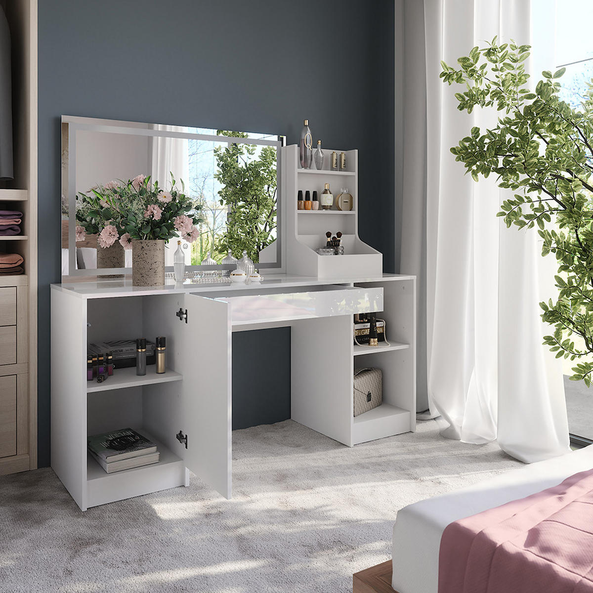 SCHMINKTISCH Sherry Weiß/Weiß Hochglanz 158.2 cm 3 Teile - Weiß Hochglanz, Holzwerkstoff (158.2/76/50.1cm) - Vicco