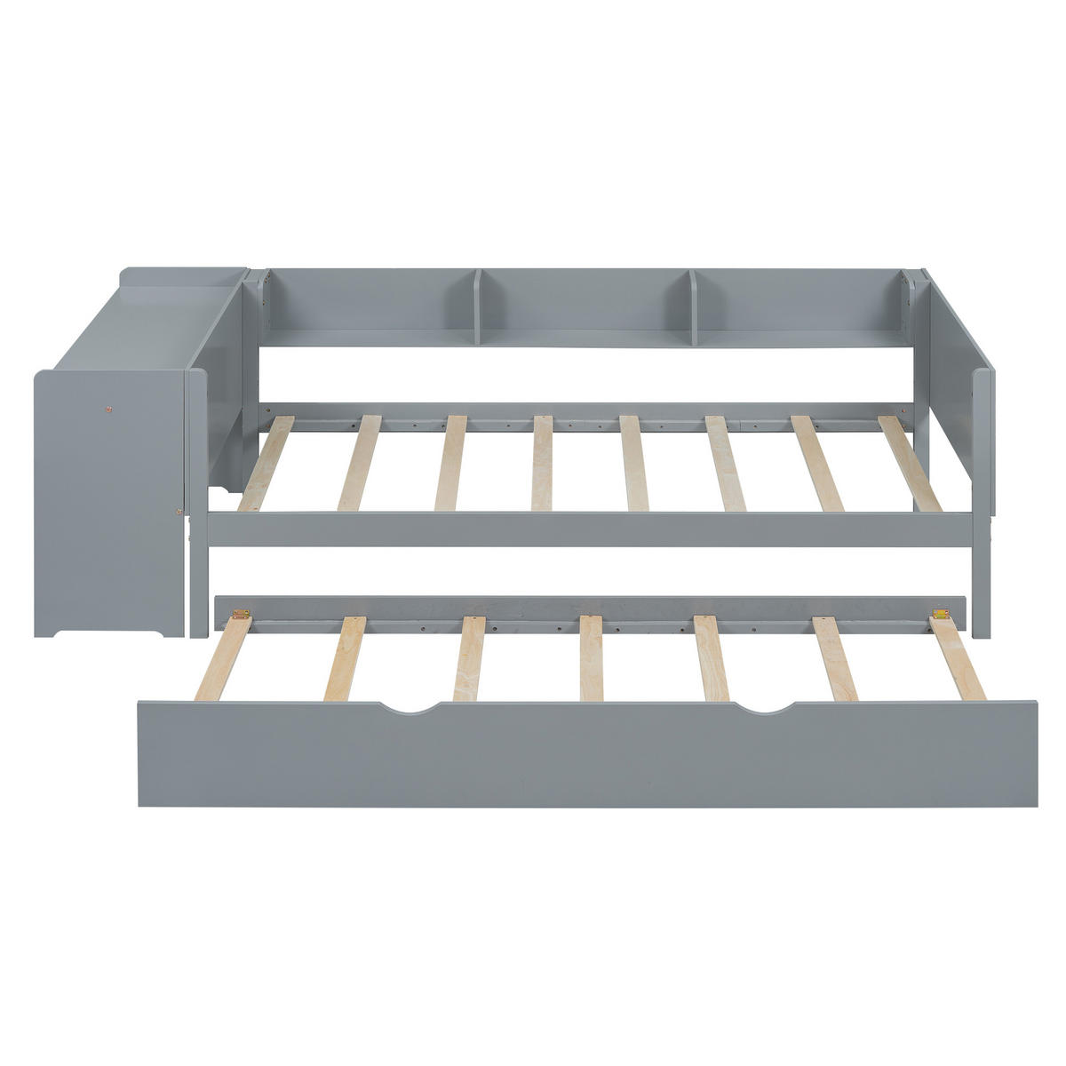 FLACHBETT 90/200 cm Grau mit ausziehbarem Bett und Schreibtisch aus Kiefernholz und MDF - Grau, Holz (90/200cm) - OKWISH