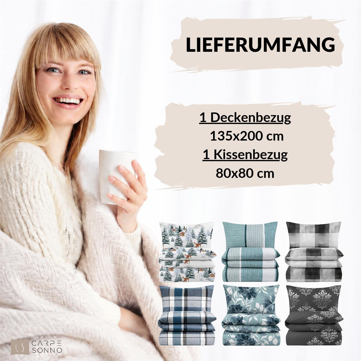 BIBER-BETTWÄSCHE 135x200 - Kuschelig warmer Flanell Winter Bettbezug - Streifen Muster - Grün, Textil (135/200cm) - Carpe Sonno