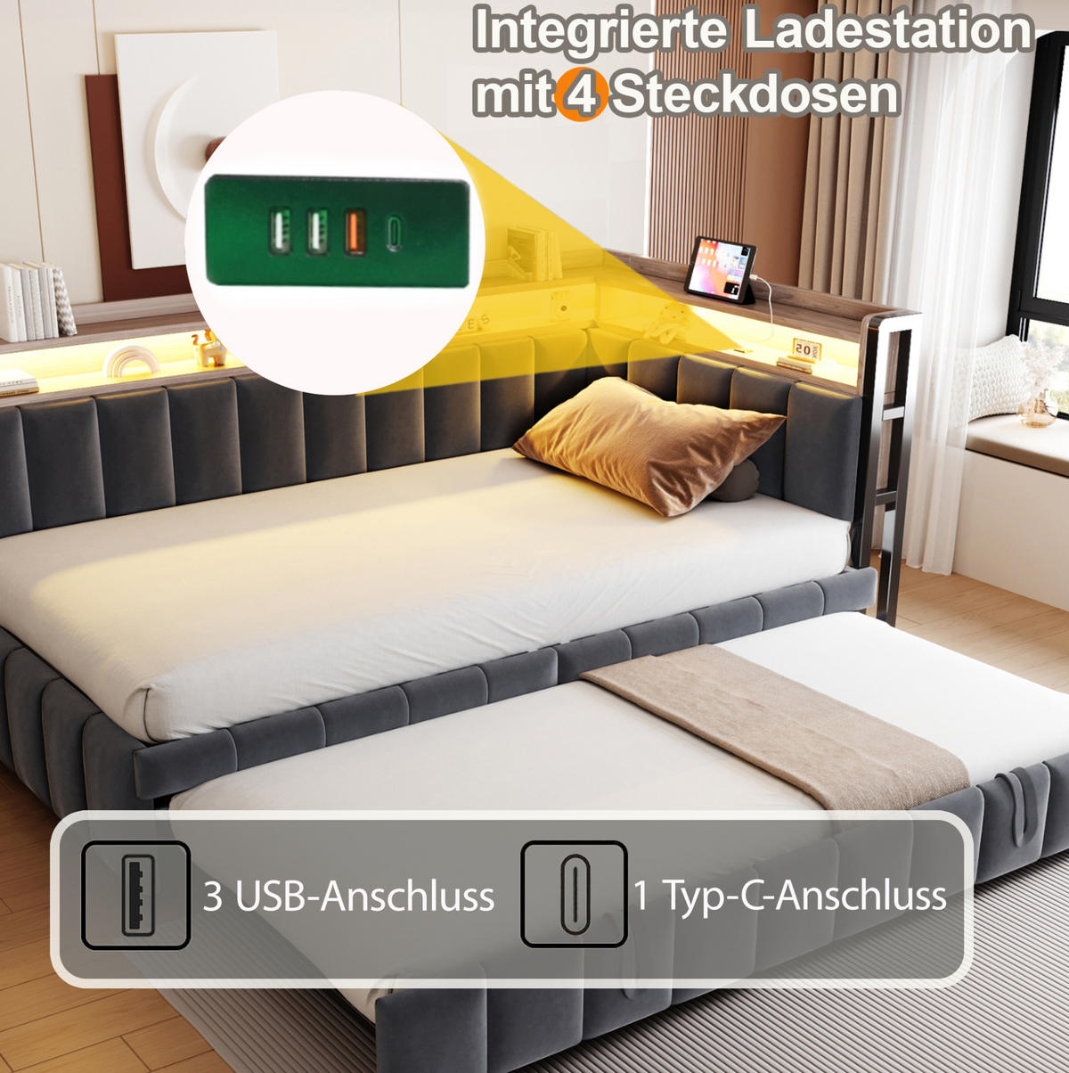 POLSTERBETT Schlafsofa aus Samt 90x200 cm Grau mit Ausziehbett, LED-Beleuchtung, USB- und Typ-C-Anschlüssen - Grau, Textil (90/200cm) - Modfu