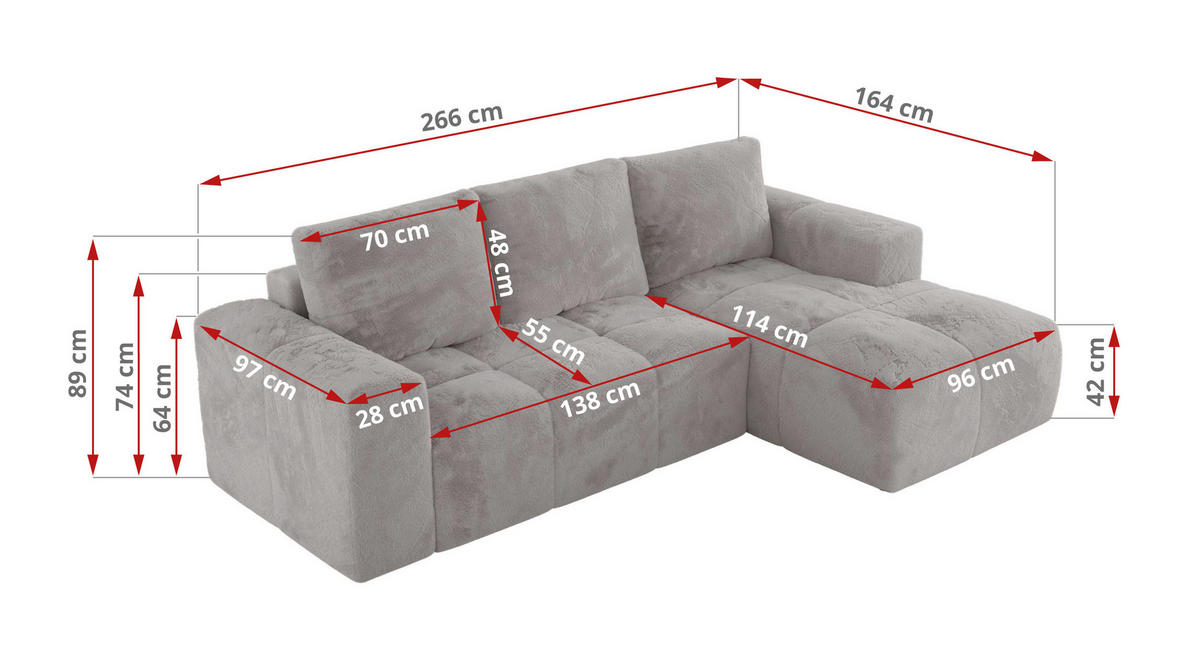 ECKSOFA MONIVA Hellgrau Plüsch - Links - Hellgrau/Schwarz, Textil (164/266cm) - MKS