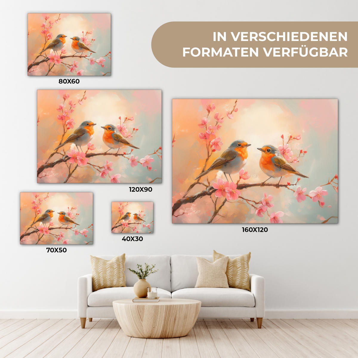 LEINWANDBILD Rotkehlchen - Zierpflanze - Blütenzweig Wandbilder 80x60 cm - Hellrosa, Textil (80/60cm) - MuchoWow