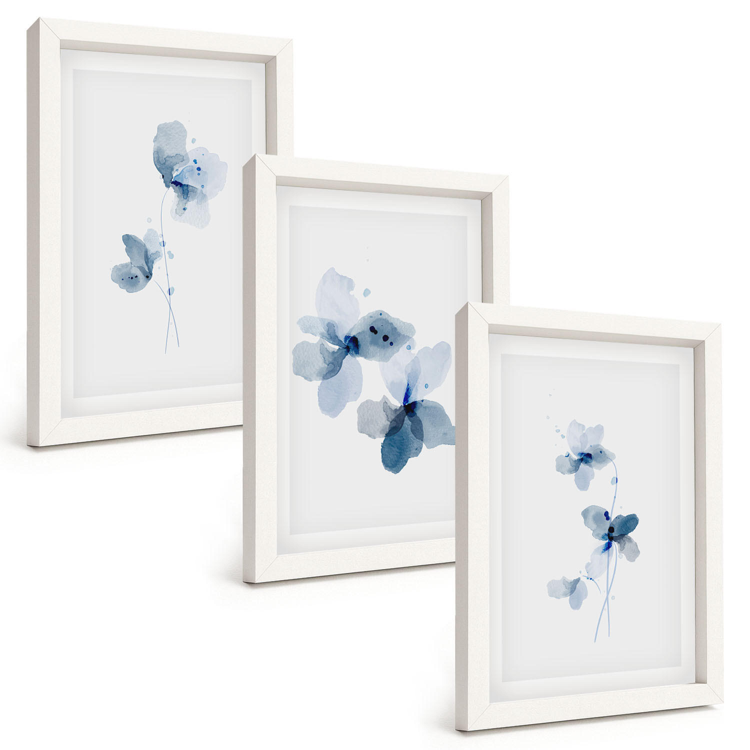 BILDER SET 3er Set - 20x30 cm Weißer Rahmen - Blaue Blumen - Weiß, Kunststoff (20/30cm) - TULUP
