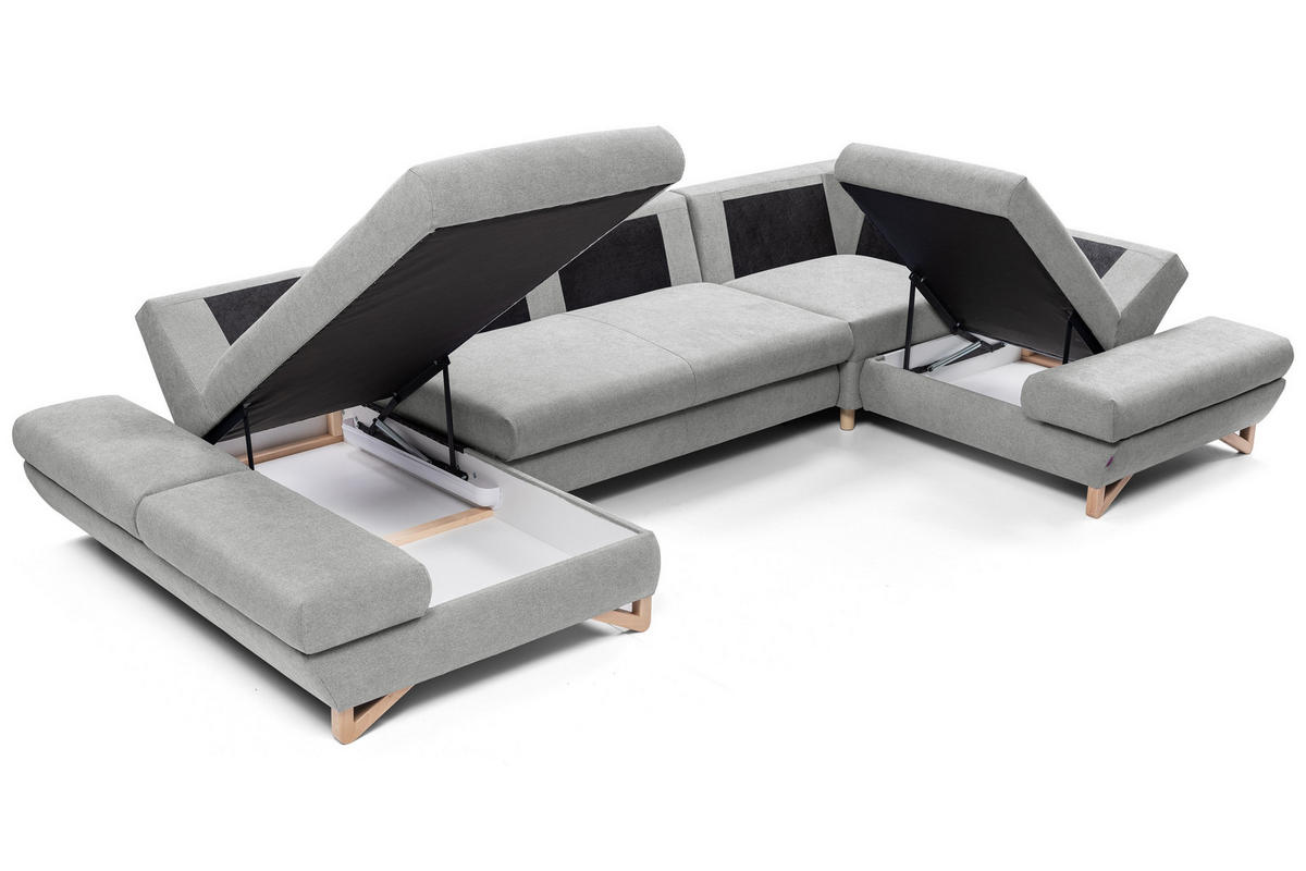 WOHNLANDSCHAFT CASA IV R-S Grau Plüsch-Stoff mit Schlaffunktion - Grau, Holz (344/100/199cm) - MASSENO